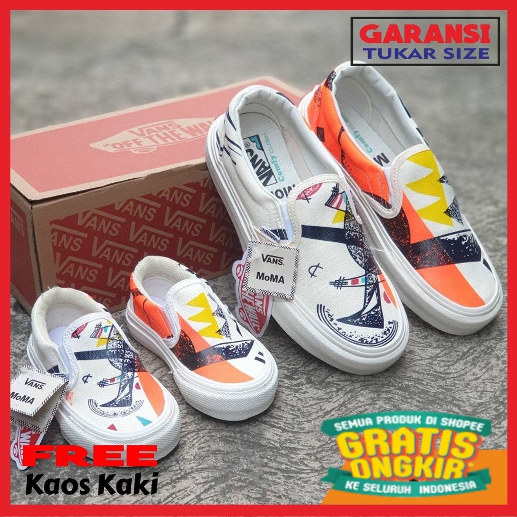 Sepatu Couple Ibu Ayah Anak - Sepatu Vans Slip On Moma Grade Original/ biru navy dongker sky blue