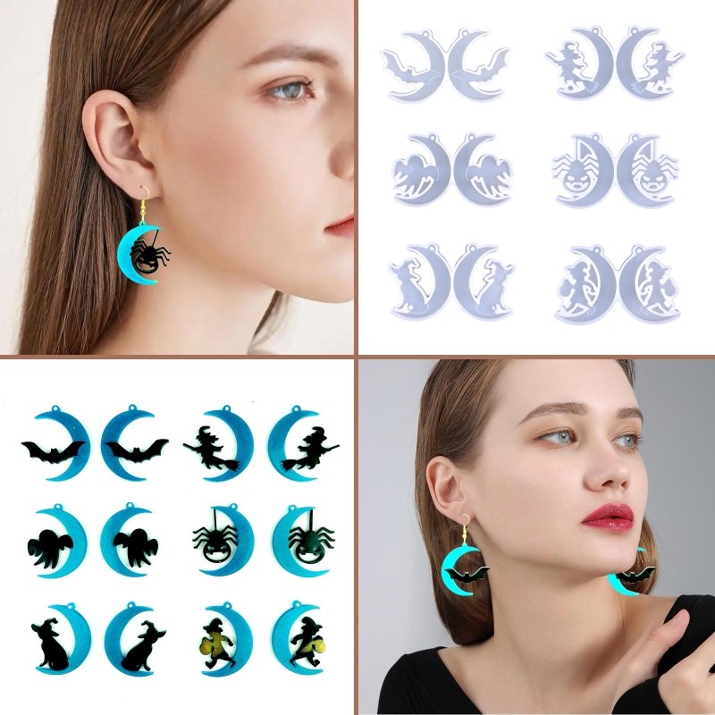 

R3MC Diy Crystal Epoxy Mold Earrings Pendant Jewelry Mold Hanging Pendant Decoration Witch Moon Bat Mirror Silicone Mold
