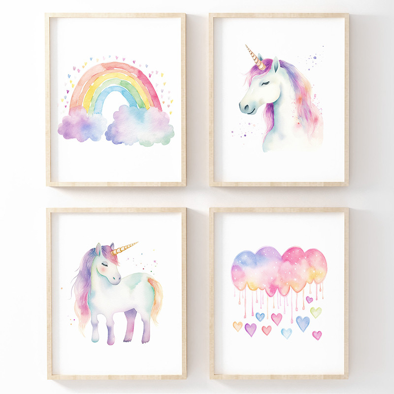 Cartoon Cute Unicorn Nursery Girl Room Pastel Rainbow  Art Poster Canvas Painting Wall Prints Pictur