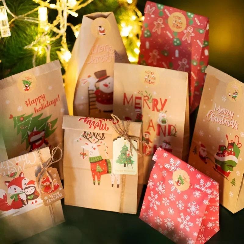 

24 PCS Christmas Gift Bag Advent Calendar Numbered Sticker Gift Bag Santa Snowman Party Packaging Bag Candy Cookie HandBag