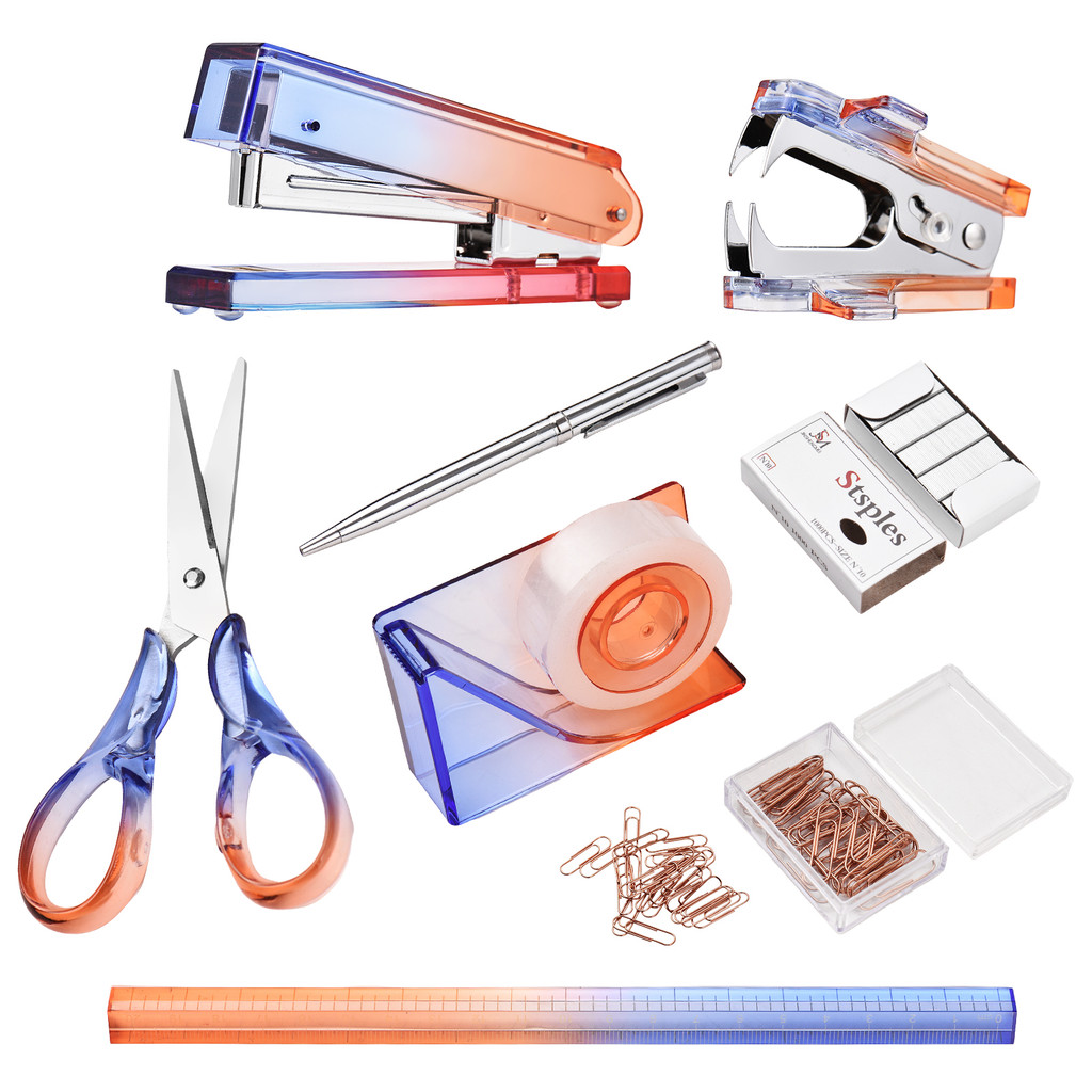 

8PCS Desktop Stapler Tape Dispenser Scissors Set includes Paper Clip Staple Remover Ruler Pen and 1000PCS Staples for Students