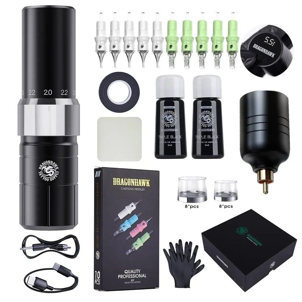 Dragonhawk Tattoo Machine Kit Complete Pen Wireless Machine Tattoo Kit Type-C Quickly Charge Battery