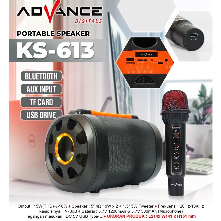 Advance KS-613 Speaker Portable Bluetooth Speaker Karaoke Free 1 Microphone Wireless Garansi Resmi 1