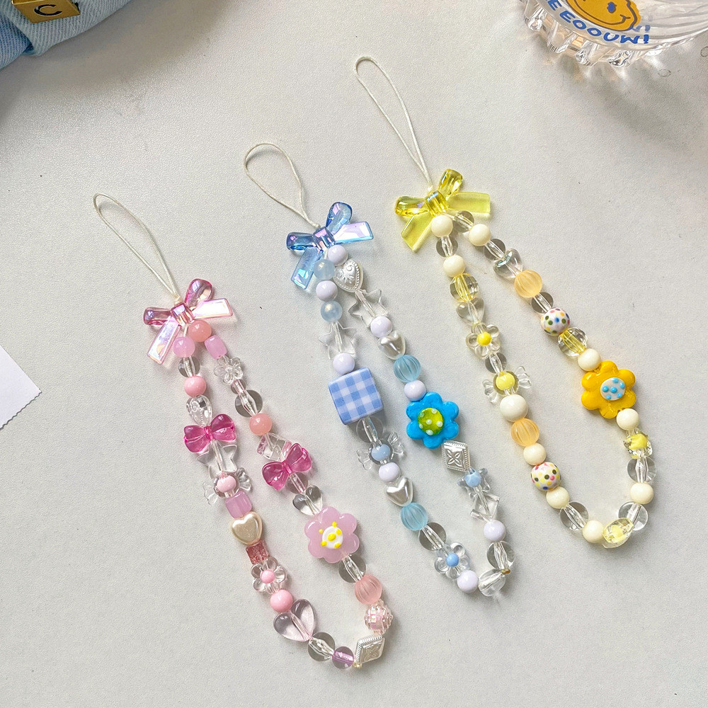 

2022 Korean Sweet Colored Flower Heart Beaded Mobile Phone Chain Women Girls Cute Cartoon Bear Bowknot Phone Case Lanyard Rope