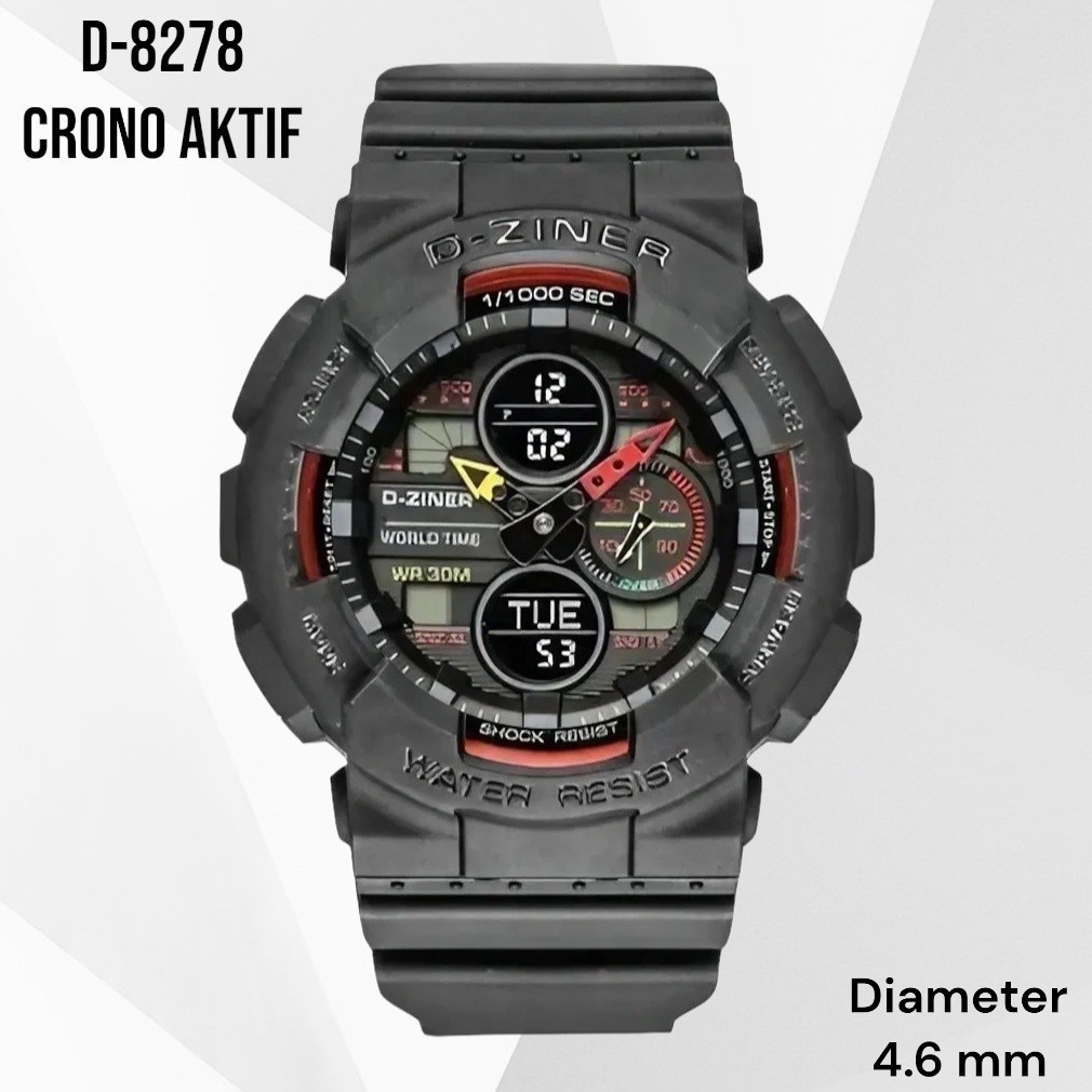 Original 100% Dziner Jam Tangan Pria Dziner 8278 Rubber Double Time Water Resistant 3 ATM