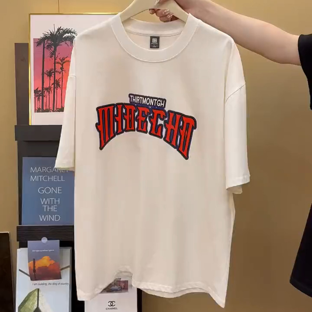 Kaos T-shirt pria katun murni desain olahraga warna putih - gaya jalanan huruf Kaos T-shirt pria mus