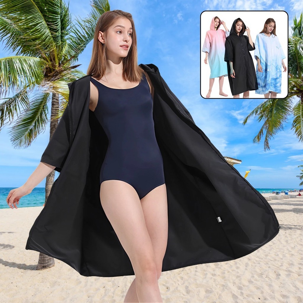 Unisex Surf Poncho Robe Towel Microfiber Towel Poncho Robe with Zipper Quick-Dry Hooded Robe Beach B