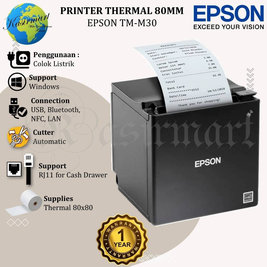 Epson TM-M30 USB Bluetooth LAN Printer Thermal POS Receipt 80 MM TMM30