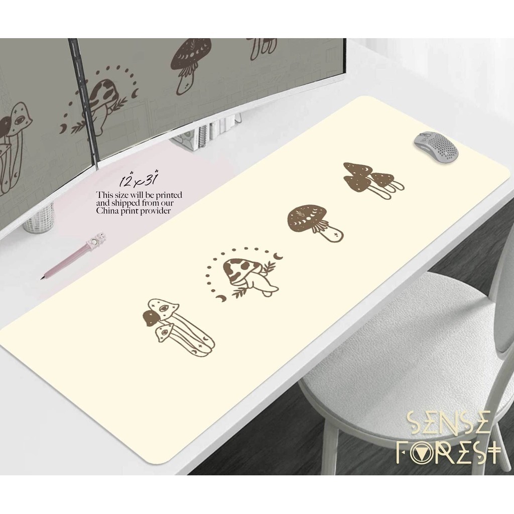 Kawaii Minimalist baby mushroom Desk Mat, Cute Beige Japanese aesthetic moon gaming mouse pad, XXL E