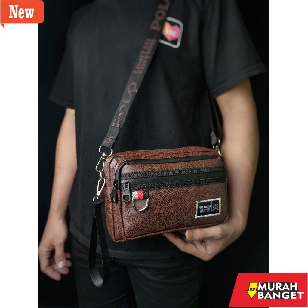 Tas selempang pria viral- Tas Selempang Dompet tas kulit PULeather Waterproof Original Polo Amstar H