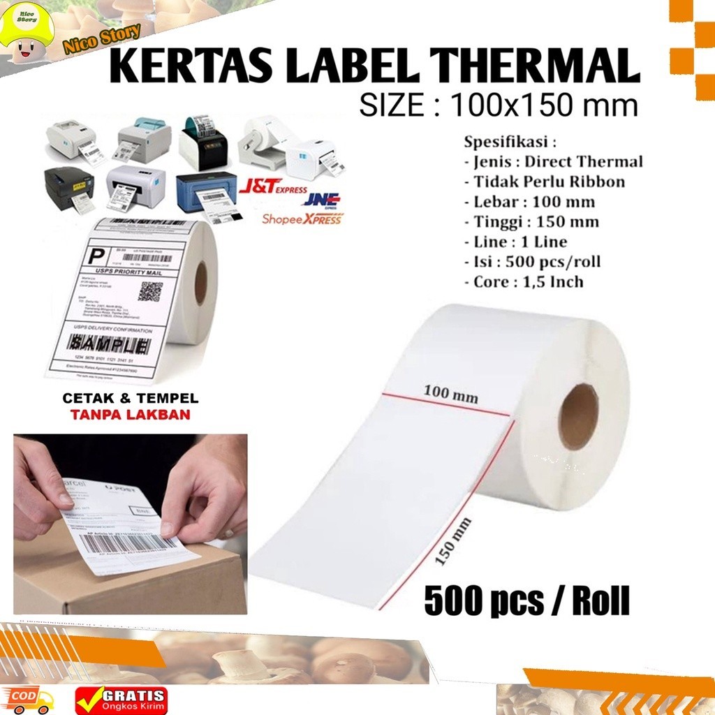 

(NCS) Label Thermal Printer Kertas Stiker Sticker Label 500 Pcs / 250 Pcs ROLL Continuous Uk 100 x 150 Termal 100x150 mm 10x15 cm perekat print cetak barcode shopee express JNE J&T