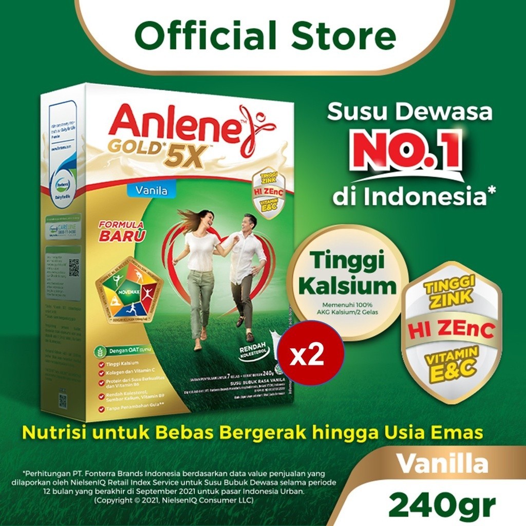 

Anlene Gold 5X Susu Bubuk Dewasa Vanila 2 x 240g - Nutrisi Tinggi Kalsium Untuk Tulang, Sendi, dan Otot