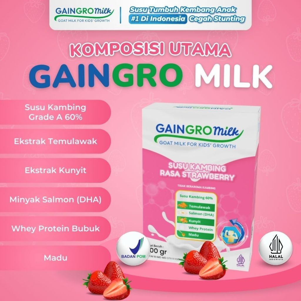 

SUSU STRAWBERRY Susu Kambing Rasa Strawberry Penambah Tinggi Badan Anak - GainGro Milk Indonesia