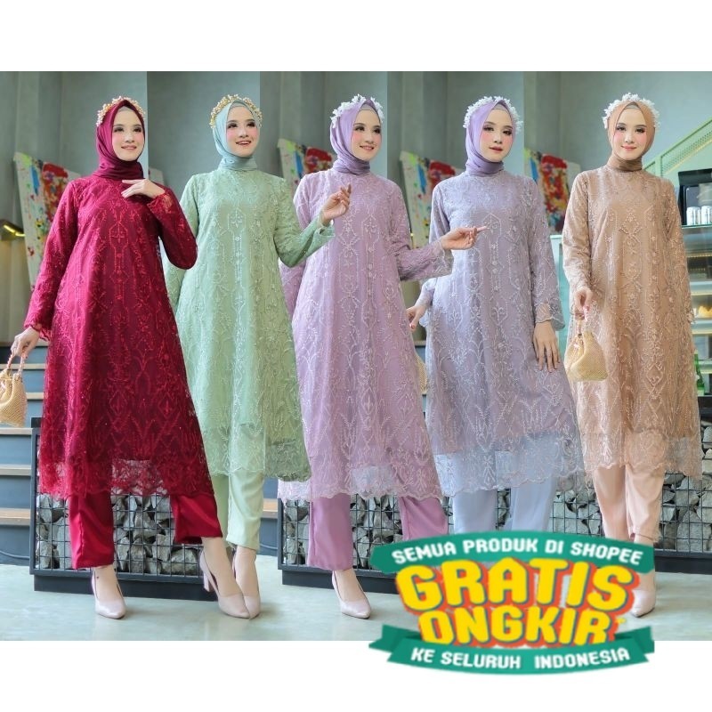Setelan ASTER 002 ( Tunik + Celana ) One Set Brokat  Stelan Brukat Cantik Kondangan Terbaru Fashion 