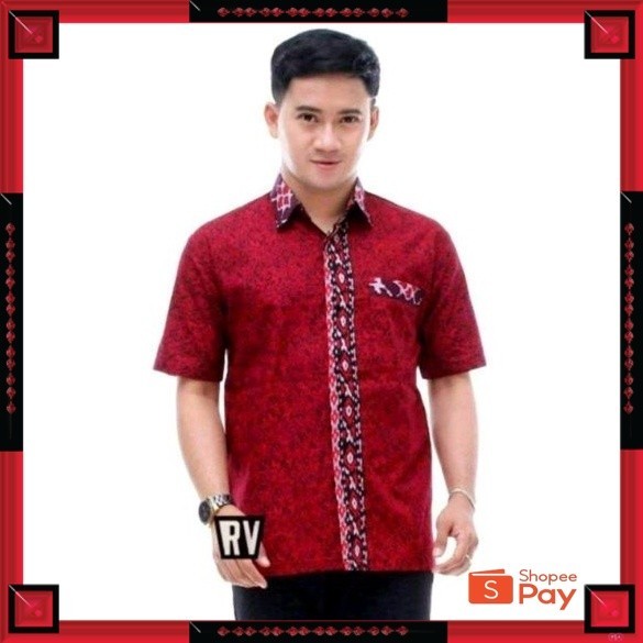 [PREMIUM ORIGINAL] KEMEJA BATIK PRIA LENGAN PENDEK PREMIUM MOTIF MEGA MENDUNG MERAH