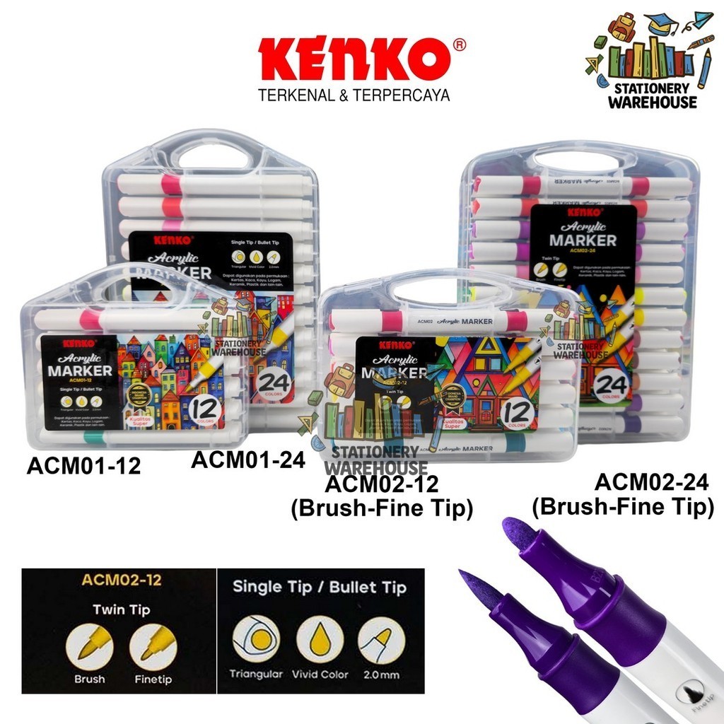 

Acrylic Marker Pen ACM01 ACM02 12 & 24 WARNA KENKO Set Spidol Akrilik Single Tip / Twin Tip 2mm