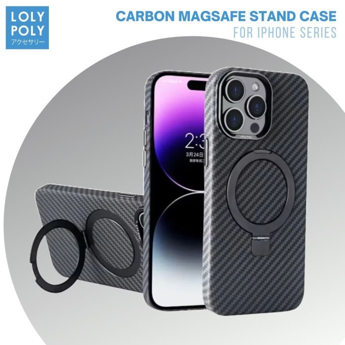 Case Carbon Magsafe LOLYPOLY With Stand Holder For iPhone Series - iP 13 Promax, Black