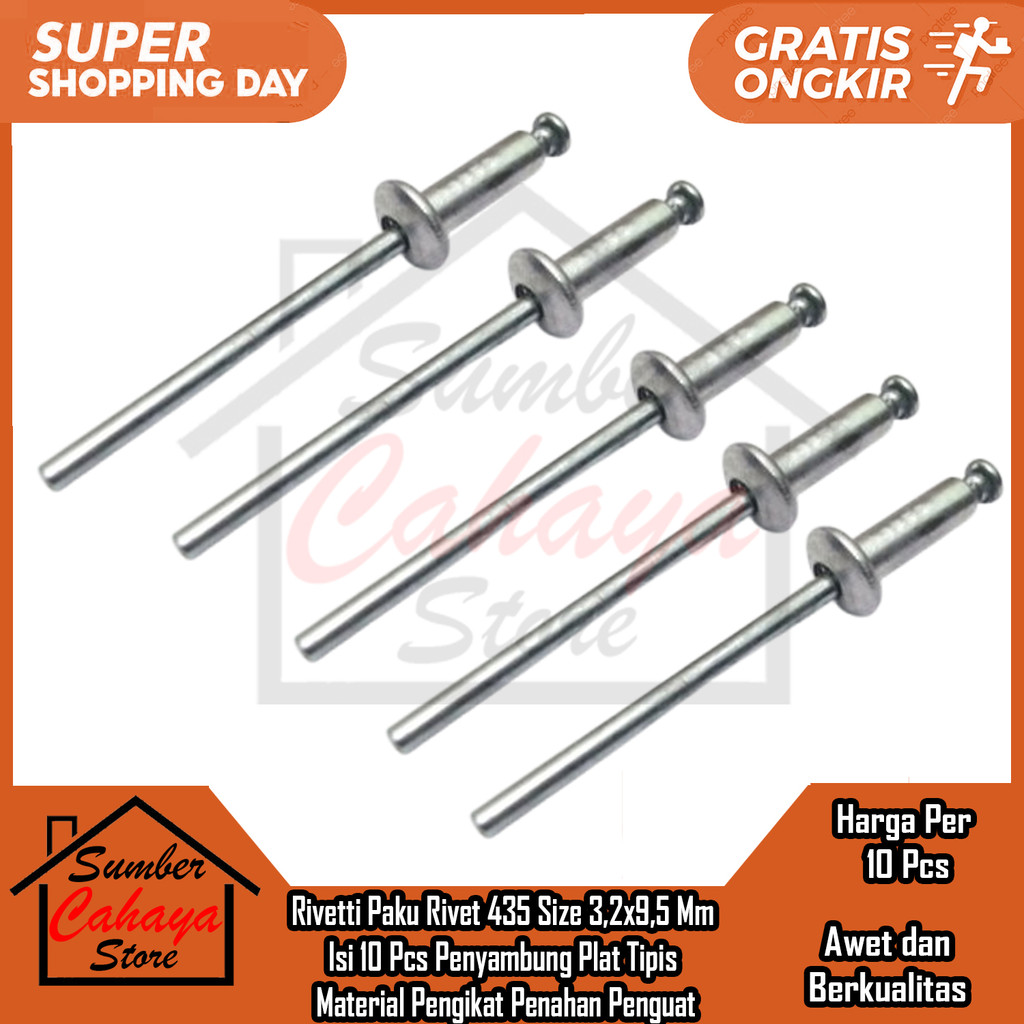 Rivetti Paku Rivet 435 Size 3,2x9,5 Mm Isi 10 Pcs Penyambung Plat Tipis Material Pengikat Penahan Pe