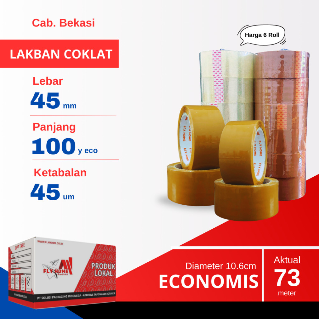 

FLYHOME 6Roll Lakban Coklat 45x100Y 2inchi Solasi Uk Besar ECO 100 yard
