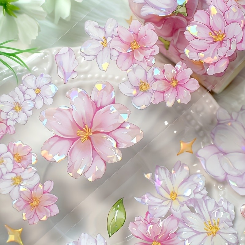 

2M Pink Flower PET Decorative Stickers Vintage Rose Transparent Washi Tape For Scrapbooking Journal DIY Card Making Materials