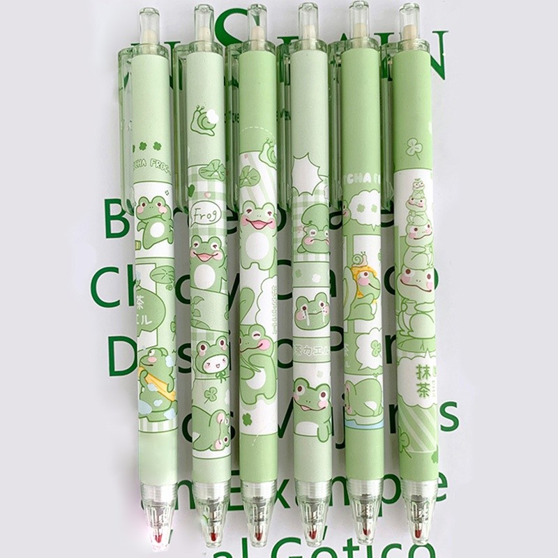 

6pcs Pulpen Gel Tinta Hitam 0.5mm Bentuk Kartun Kodok Hijau