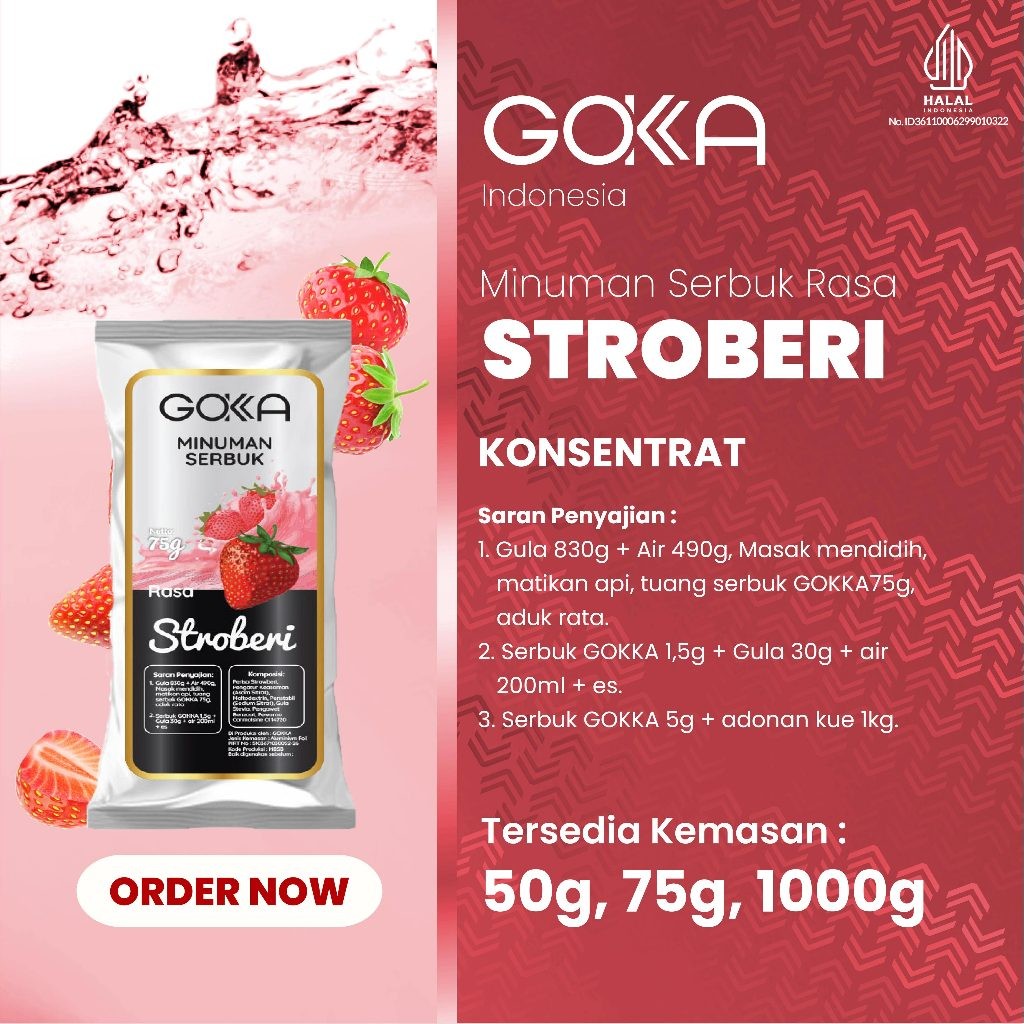 

Bubuk Minuman / Powder Drink Gokka Rasa Stroberi Kemasan 50gr