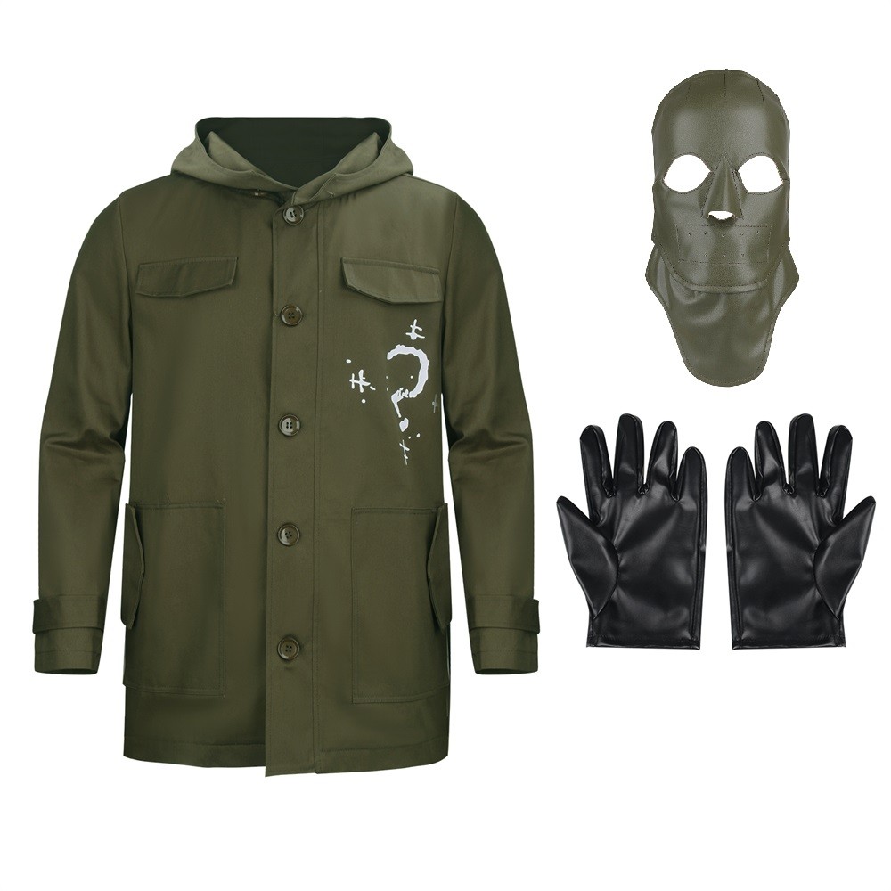 Army Green Riddler Jacket Cosplay Costume with Mask Headgear Gloves Edward Villain Question Mark Coa