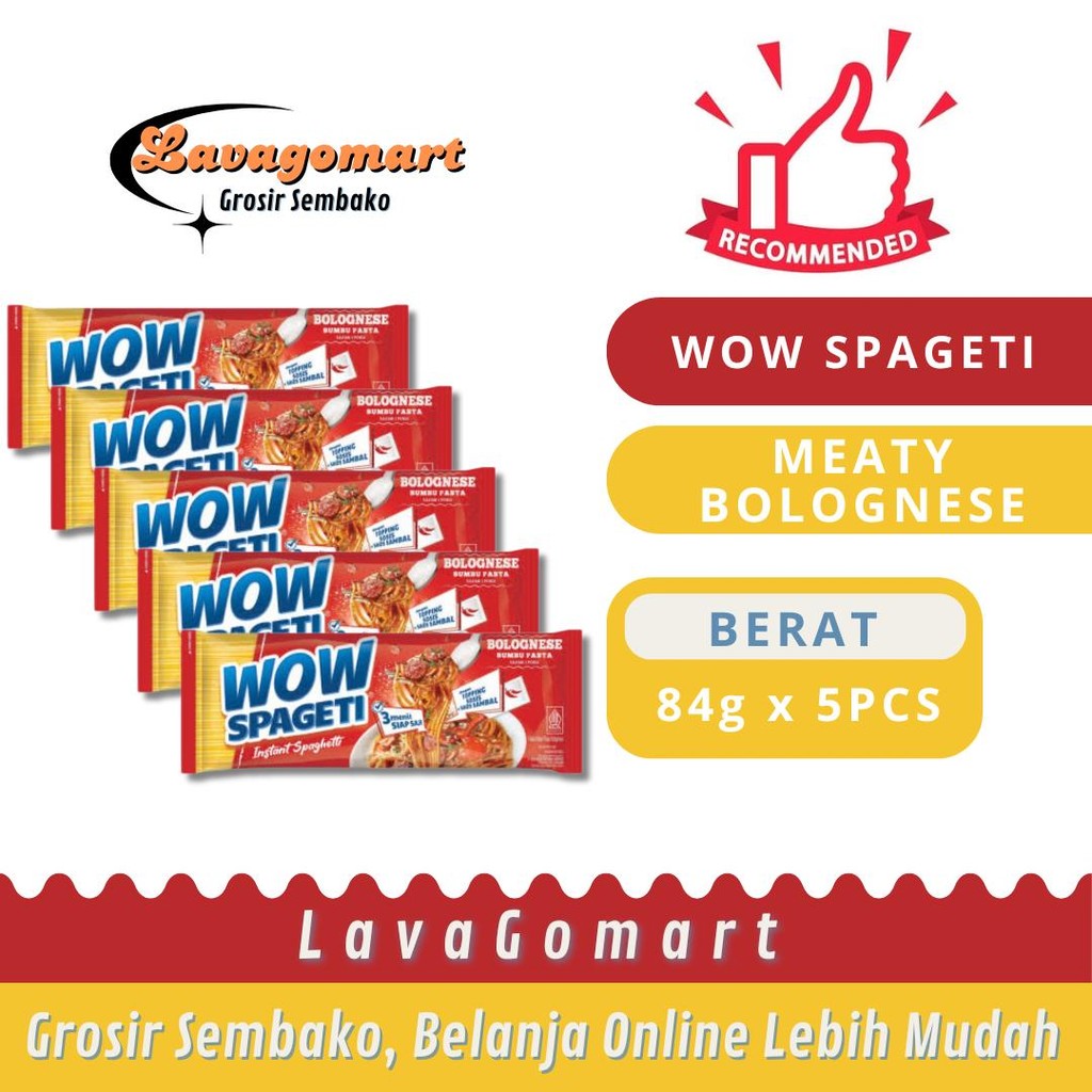 

WOW SPAGETI INSTANT SPAGHETTI MEATY BOLOGNESE PCK 84g - 5 PCS - LAVAGOMART - BANDUNG