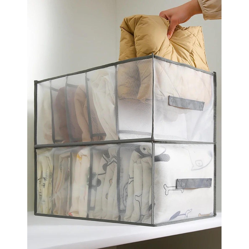

Large Capacity Quilt Cover Storage 5 Grids Bed Sheet Down Jacket Bath Towel Organizer Mesh Compartment Space Save Storage Box