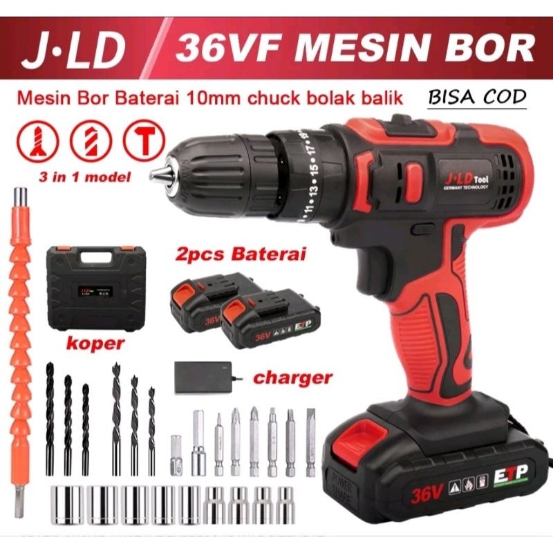 JLD 36Vf Mesin bor baterai 10mm besi tembok beton kayu impact bor cordless