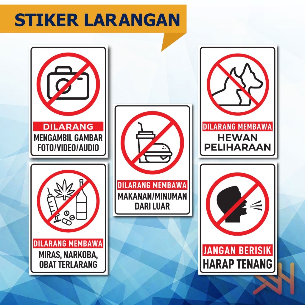 

Stiker Larangan Dilarang Membawa Makanan, Minuman, Hewan, Obat-obatan, Mengambil Foto Gambar, Jangan Berisik - Vinyl - 14x20