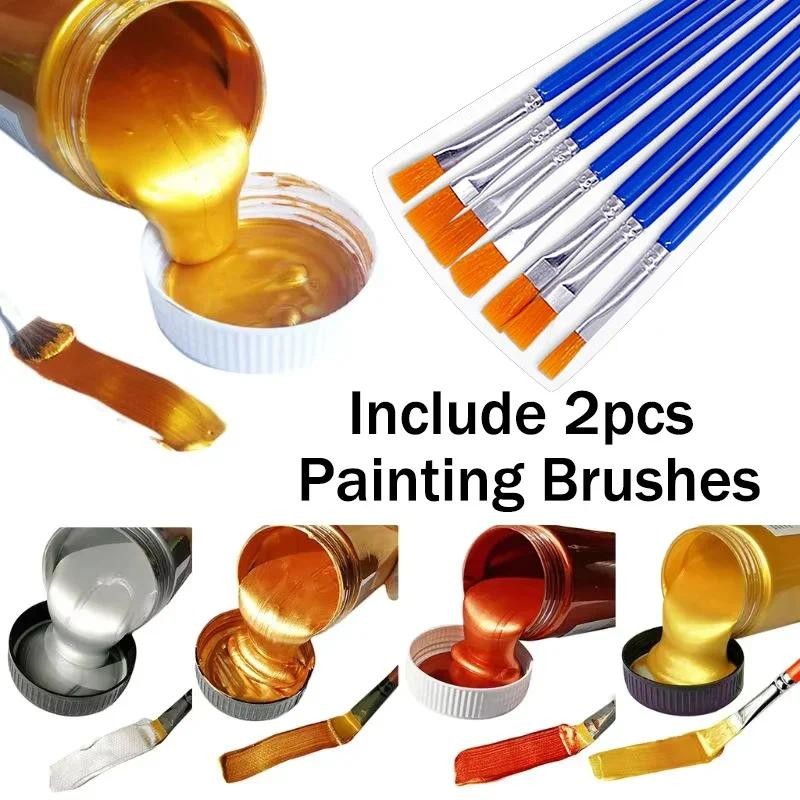 

100ml Golden Acrylic Paint with 2pcs Brushes Metal Pearlescent Hand-painted Gypsum Glue Waterproof Non-fading DIY Painted Paint