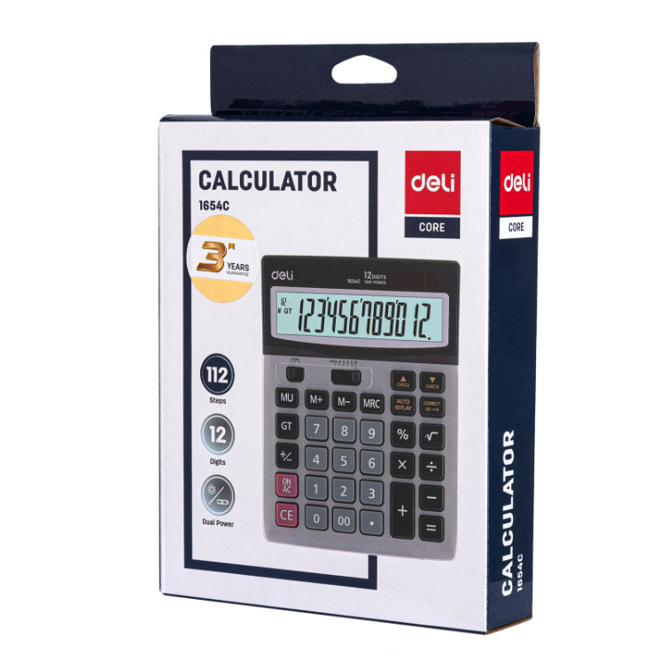 

DELI Kalkulator Calculator 12 Digit Besar Kecil Layar Lengkap 112 Check Power Surya & Baterai E1654C