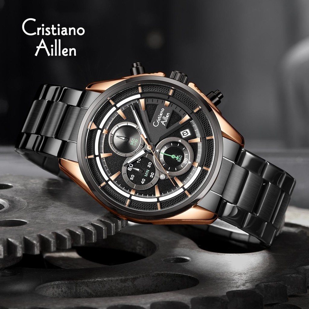 Cristiano Aillen Jam Tangan Pria Analog 8890 Rantai Stainless Steel Chronograph Kaca Sapphire Water 