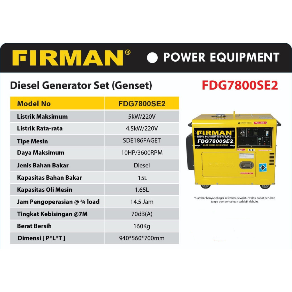 Genset Listrik Silent 5000Watt FIRMAN FDG7800SE2 / Power Generator Diesel Solar 5000 Watt FDG 7800 SE2 FIRMAN