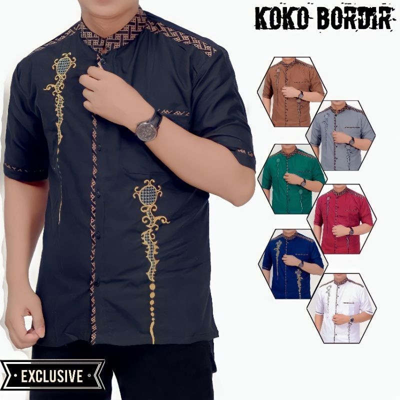 baju koko bordir dewasa lengan pendek premium terbaru 2022 kombinasi batik pekalongan koko muslim koko pria koko orang tua tangan pendek