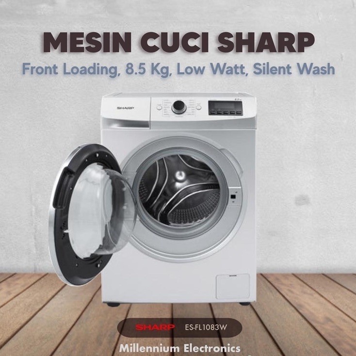 MESIN CUCI SHARP FRONT LOADING 8.5 KG KACA HITAM 1083 1000 RPM
