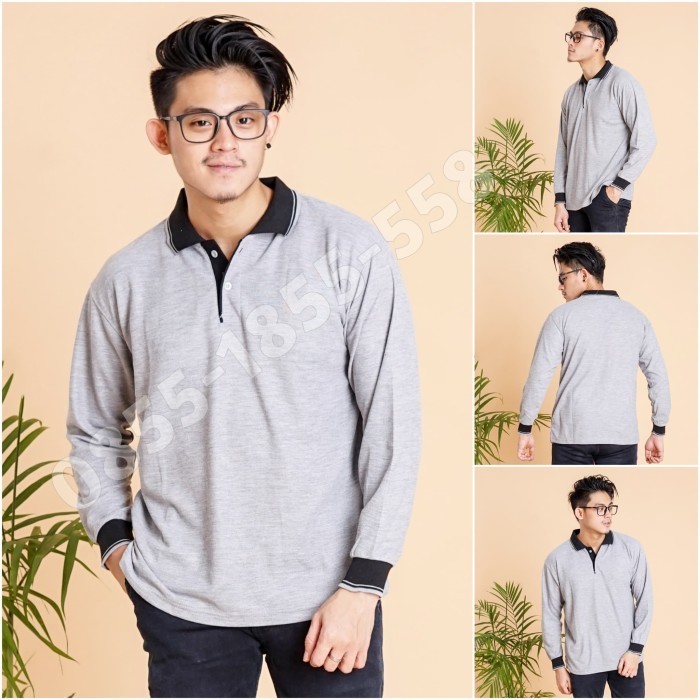 Kaos Polo Panjang Abu Kerah Hitam / Kaos Kerah Panjang - Abu Kerah Hitam, S