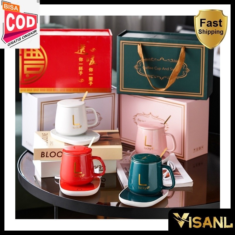 Gelas Set Keramik / Mug Cangkir Gelas Listrik Pamanas Penghangat Minuman Kopi Susu Cup Coffee Warmer