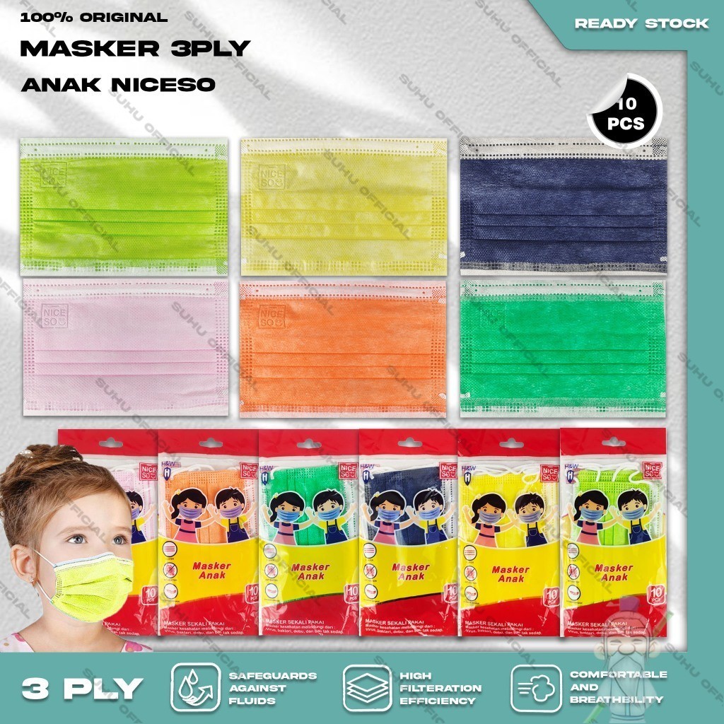 Masker Anak Medis 3Ply NICESO Isi 10Pcs Warna Warni 3 Ply Earloop Surgical Mask Kemenkes