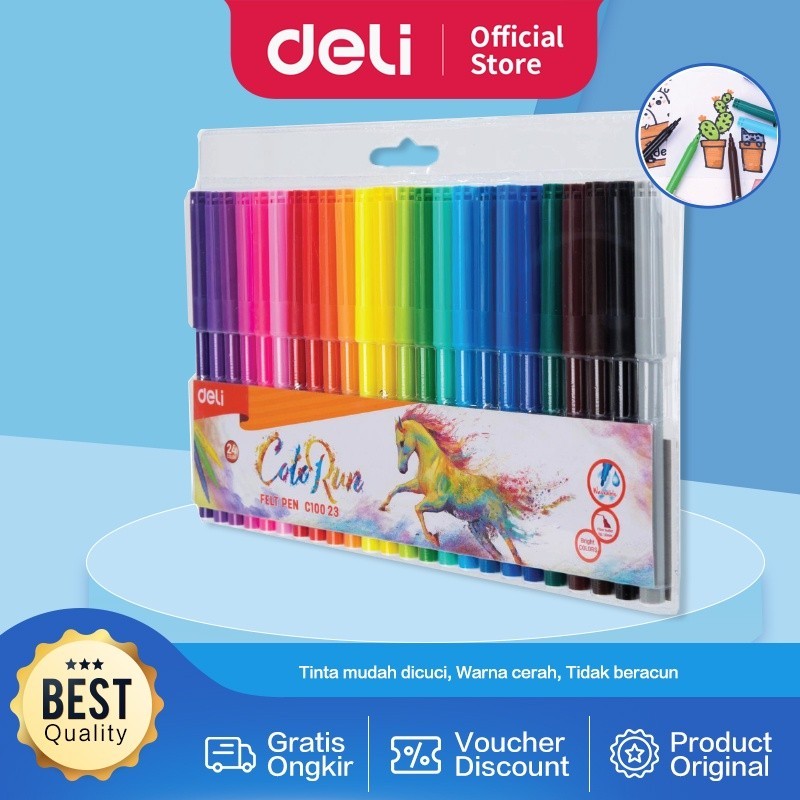 

Deli Felt Pen Spidol Warna EC10023 - 24 Warna Cerah, Tinta Bisa Dicuci, Aman & Non Toxic