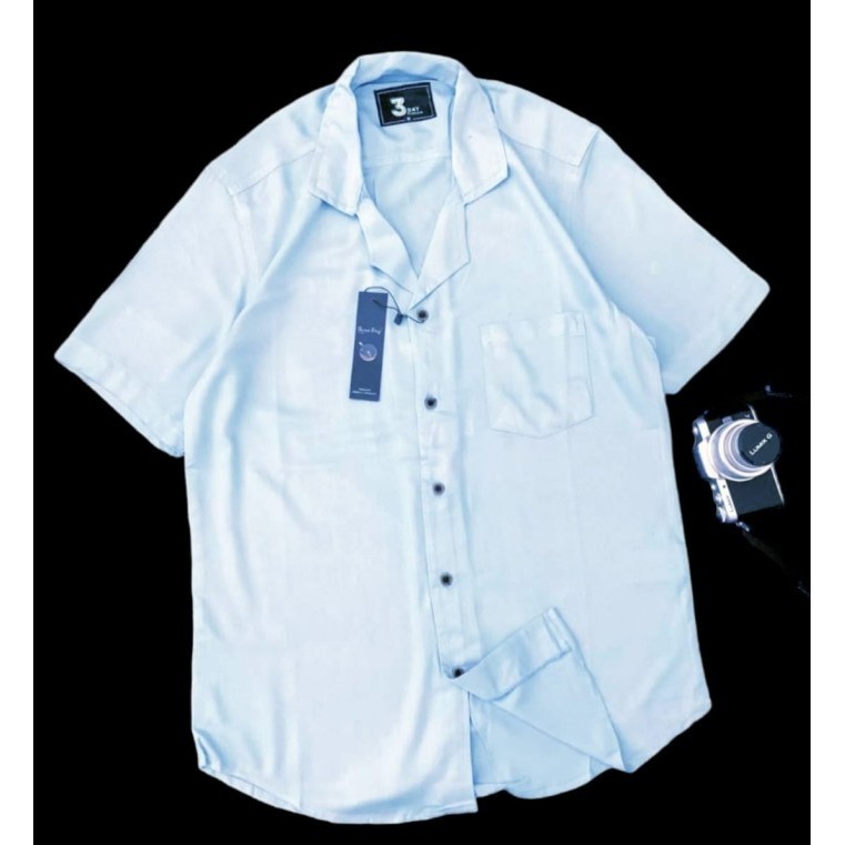 kemeja biru wardah polos pria lengan pendek COTTON RAYON kemeja korea - biru wardah, M kerah piyama