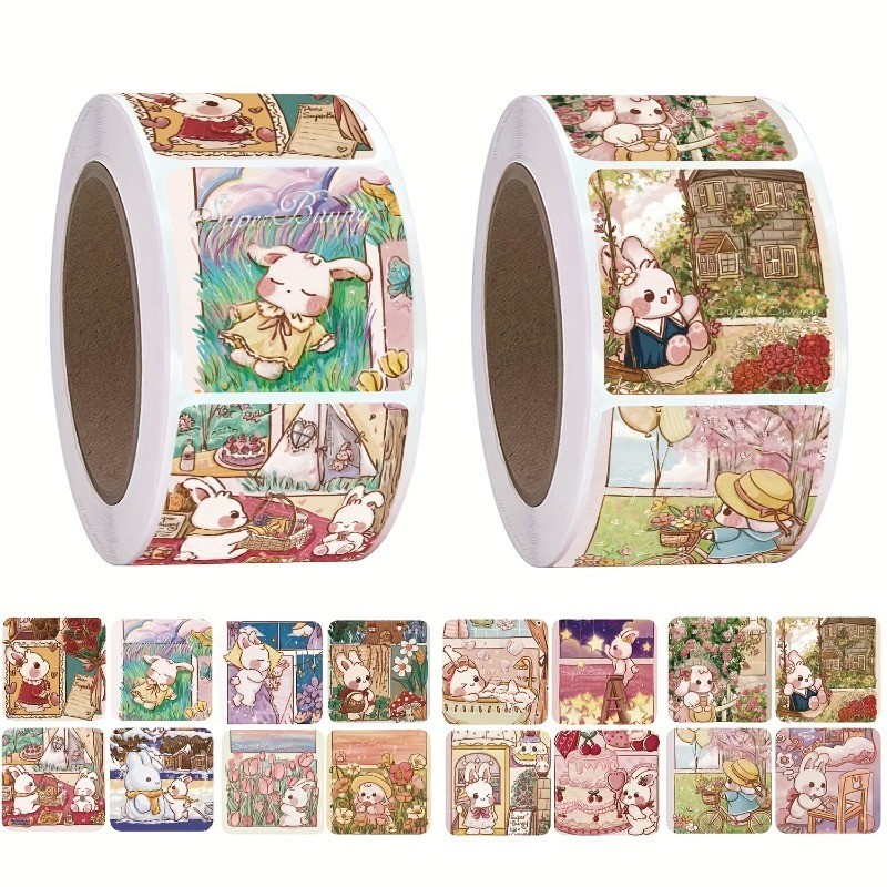 

500pcs/roll 1 Inch Cartoon Rabbit Scrapbooking Stickers Self-adhesive Labels for Office Gift Sealing DIY Journal Accessories