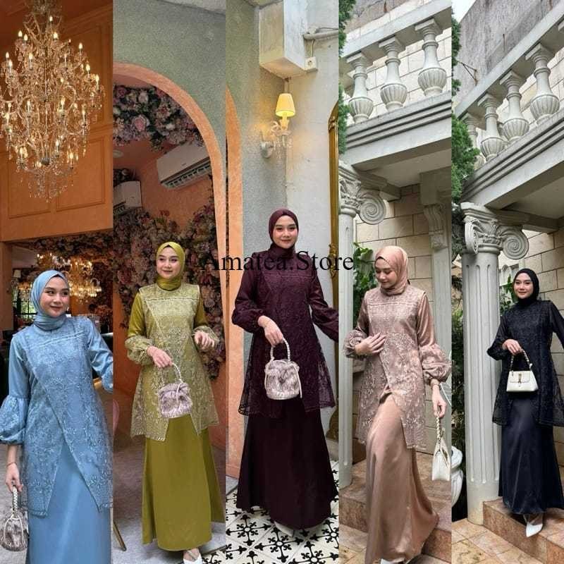 DRESS KONDANGAN SATIN SILK PREMIUM MEWAH SARAH GAUN LEBARAN OUTER BRUKAT TILE GAMIS PESTA BUSUI