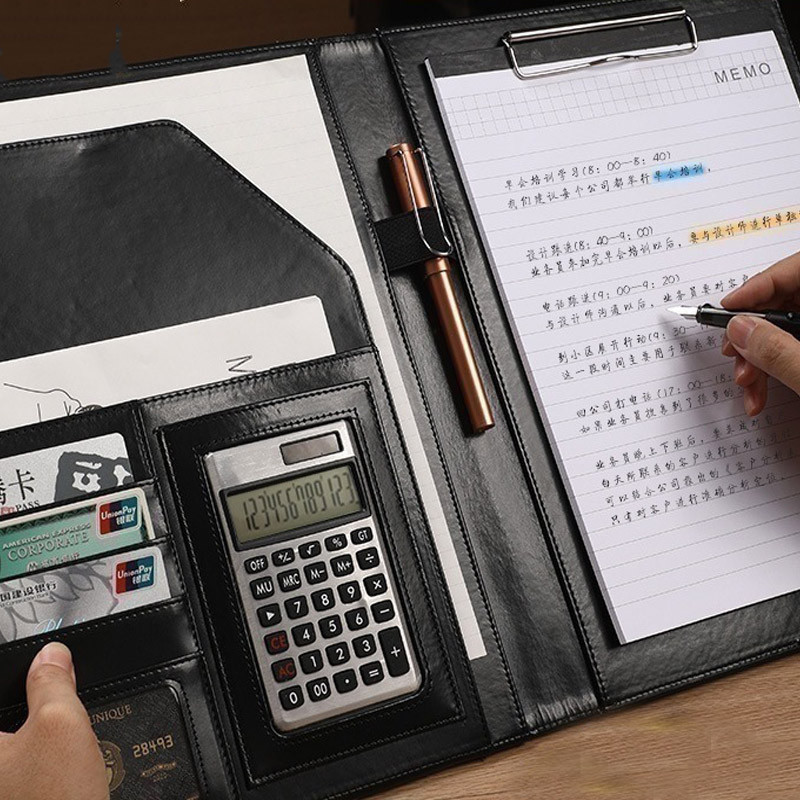 

A4 PU Leather File Folder Portfolio with Calculator Notebooks Card Holder for Business Office Document Organizer
