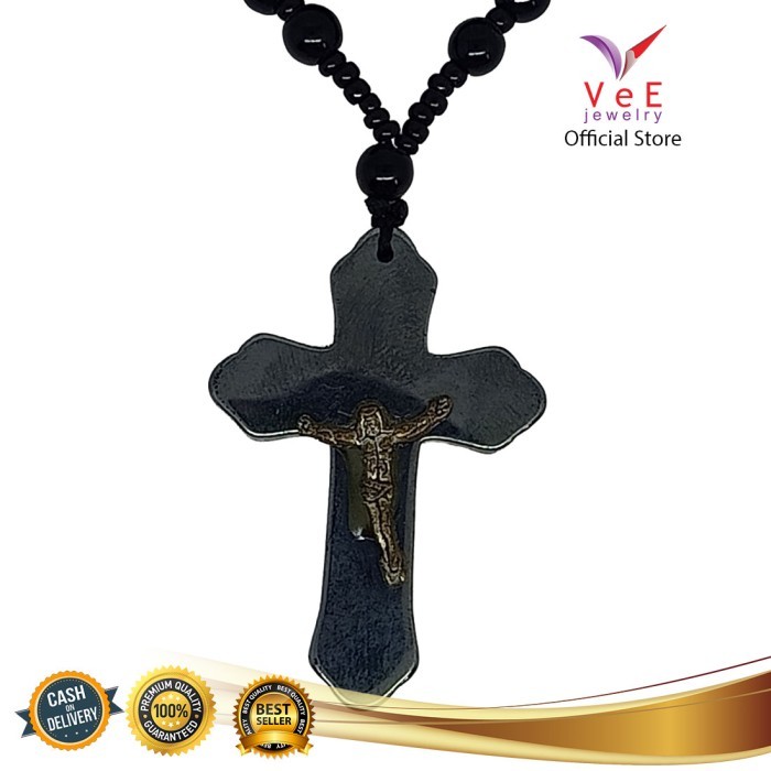 Kalung Salib Batu Giok Asli Cina Liontin Batu Blustin - VeE Feng Shui - Yesus