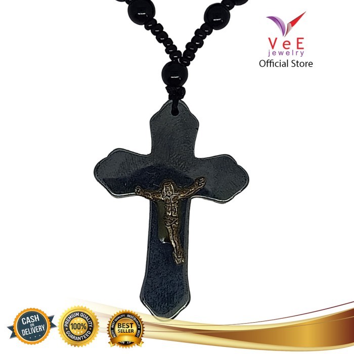 Kalung Salib Yesus Batu Giok Asli Cina Liontin Blustin - VeE Feng Shui