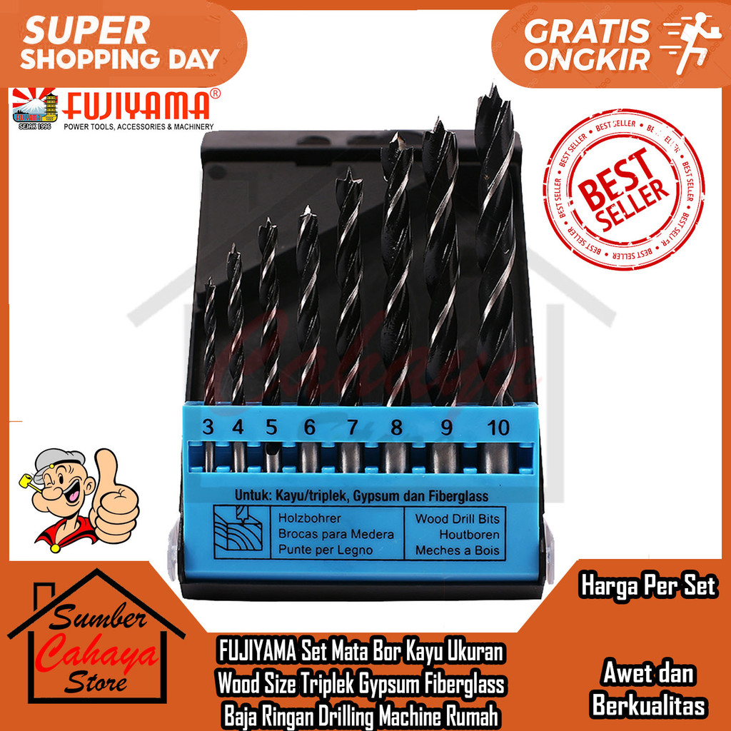 FUJIYAMA Set Mata Bor Kayu Size 345678910MM Wood Ukuran Triplek Gypsum Fiberglass Baja Ringan Drilli