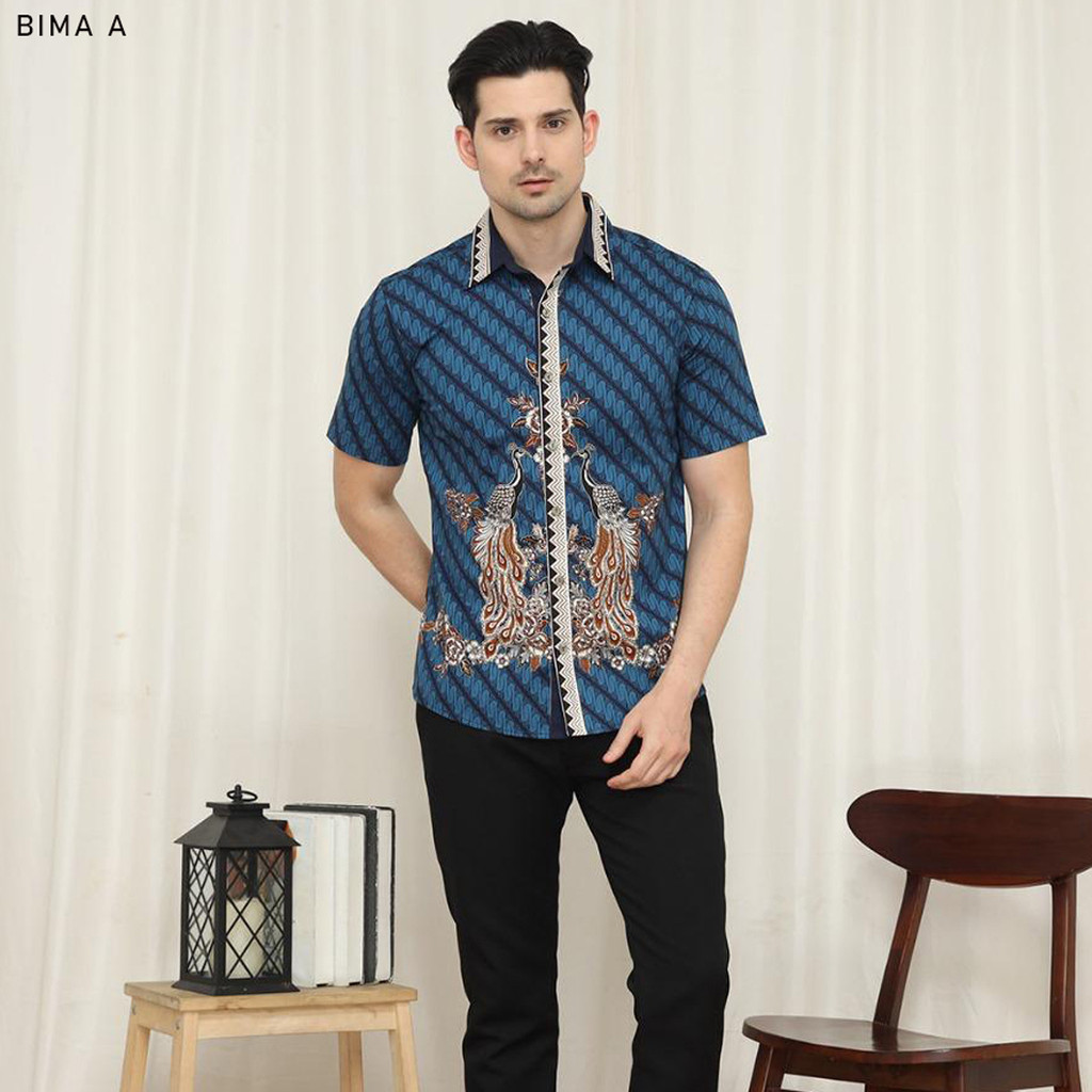 Evercloth Bima Kemeja Batik Pria Lengan Pendek Hem Batik Couple Sarimbit Biru Navy Motif Parang Katu