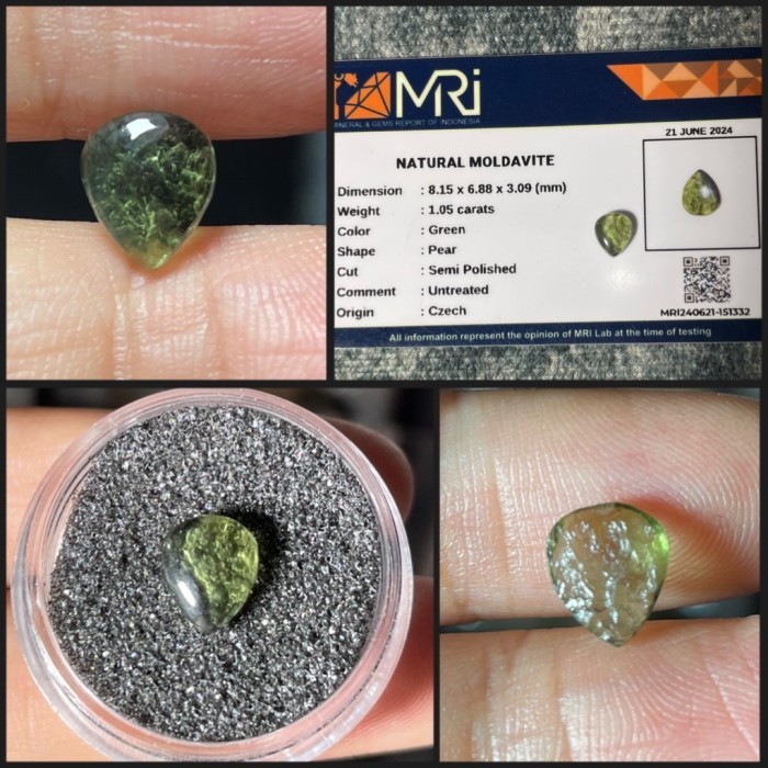 Natural batu moldavite 1.05cts Pear Tetes permata Meteor green textite czech NTE Langka ID GRI